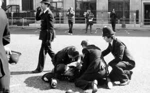 Police tend to WPC Yvonne Fletcher outside the Libyan Embassy in London, April 1984