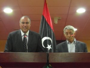Nasser Al-Mana (left) official spokesperson and Finance Minister Hassan Zaglam (right)