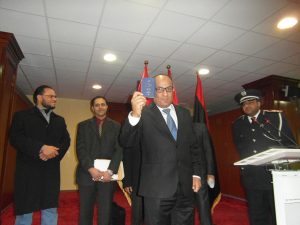 Deputy Prime Minister Abdulsalam Al Gadi displaying Libya's new biometric passport back in February this year (Photo: Sami Zaptia).