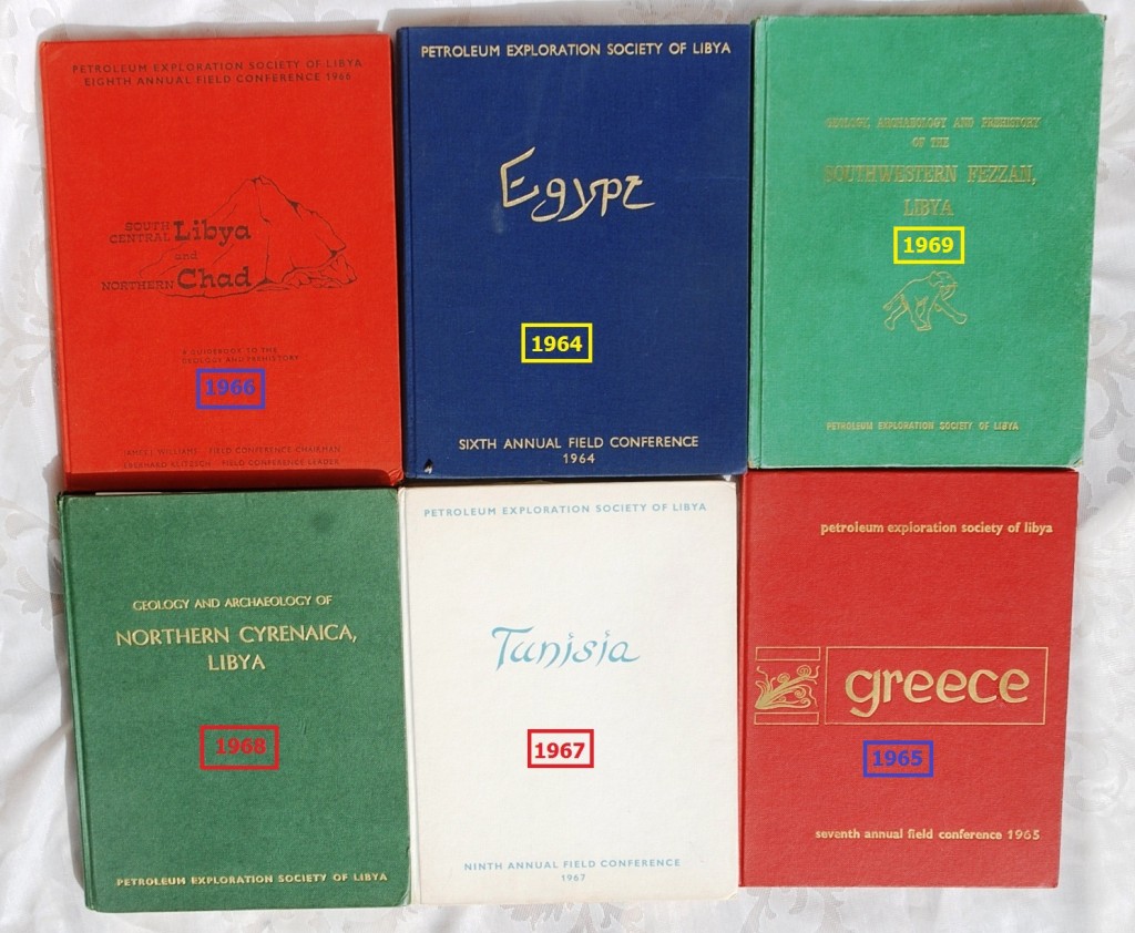 Figure 7: Some of the guidebooks published by the PESL in the Sixties. So that the society could contribute more to the geological knowledge of Libya, it established a system whereby it held an annual 'Saharan Symposium' each year on an area of interest, either within Libya or in neighbouring countries and attracted some high-calibre scientists to write original research papers on that area which were then published as part of the guidebook. The earlier guidebooks are about neighbouring areas while the later ones are about areas within Libya.