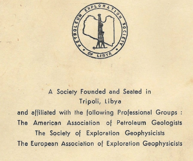 Figure 2:  The original Petroleum Exploration . . .[restrict]Society of Libya (PESL) logo that was designed and used since 1958. Notice that the society has been affiliated with reputable, international scientific groups (AAPG, SEG and EAEG) since that time.