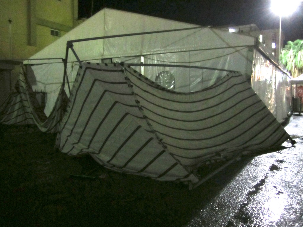 Part of the tent collapsed after unexpected strong winds and rain (Photo: Tom Westcott, Libya Herald)