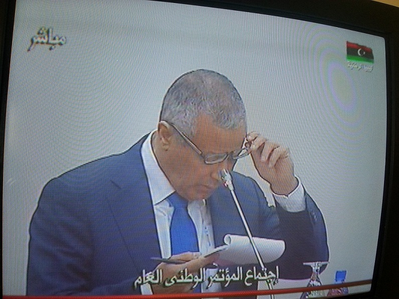 Prime Minister Ali Zeidan at Congress earlier in the year live on state TV alwataniya (Photo:Sami Zaptia).
