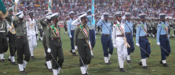 Libyan soldiers marching past at their Sudanese graduation
