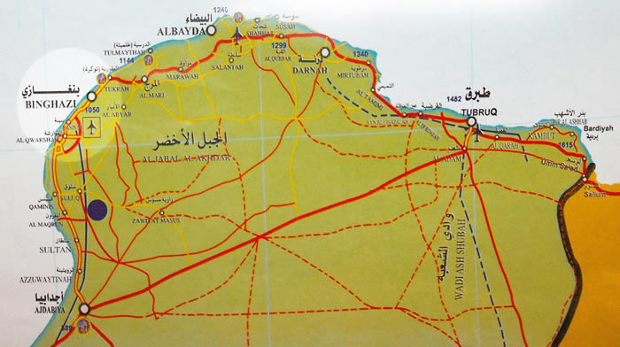 The B11 highway runs from Ajdabia (bottom l) across to Tobruk (acknowledgement Temehu)
