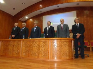 Zeidan flanked by five Ministers at the press conference at the end of the Sawaiq militia handover ceremony (Photo: Sami Zaptia).