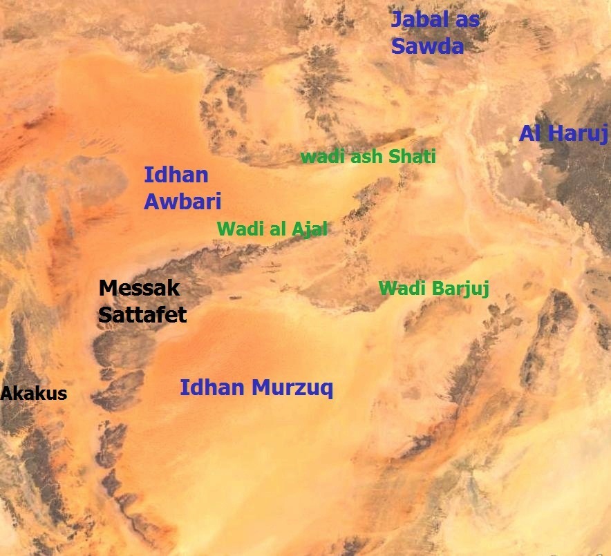 Figure 3: Satellite image of the Fezzan region, showing the two major sand seas – Idhan Murzuk and Idhan Obari. Most of the areas where these huge sand seas extend today were at some time in geological history part of the Fezzan Mega-Lake. At a later time these sand fields were formed with hundreds of smaller lakes scattered in the inter-dune depressions. They attracted much wildlife including mega fauna (refer to Libya Herald article, 9 May, 2013: "The Fezzan Region : an interesting history and prospect for a  brighter future.” By Mustafa J. Salem et al.)