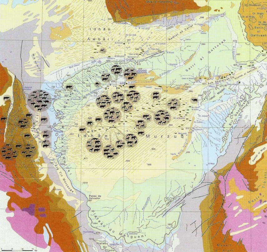 Figure 6: Idhan Murzuk with several wild animals as evidenced from fossil bones unearthed from the various inter-dune lakes. The neighbouring areas of Messak and Akakus depict thousands of engravings and rock art paintings indicating similar fauna. Among the faunas listed are: Fish; Amphibians; Reptiles -crocodiles; Birds - water fowl, yellow billed stork, sea eagles; Mammals- jackal, wild cat, lion, leopard, mongoose, elephant, wild ass, rhinoceros, warthog, hippopotamus, bovid, antelope, gazelle, wild cattle, buffalo, barbary sheep, rabbits. (After H.-J. Pachur: “Palaeohydrology of the East Sahara” in The Geology of Southern Libya, 2012, vol.I,pp.293-314.)