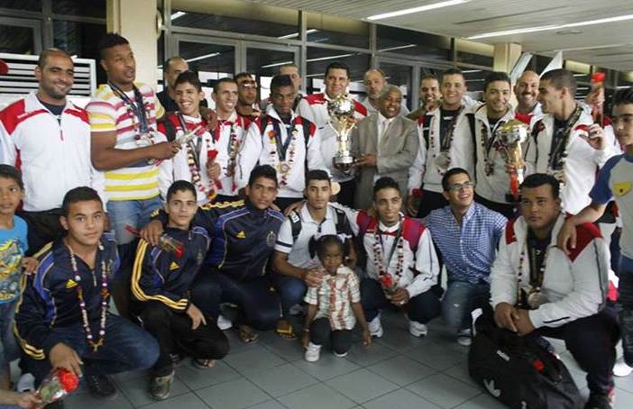 Libya's young weightlifting champions at Tripoli International Airport last night