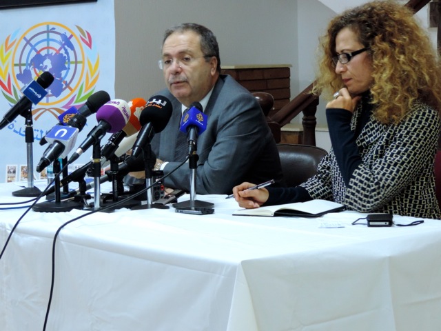 Tarek Mitri speaking at the UN Information Centre yesterday