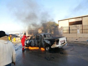 Wreckage of Bazama's car in downtown Benghazi 