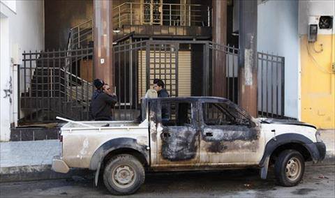 Remains of the burnt out truck outside Libya Al-Ahdar's offices. (Photo:Libya Al-Ahdar)