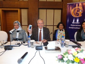 German ambassador Christian Much launches the first of 50,000 sms messages for Libyan women's (Photo: Sami Zaptia). rights