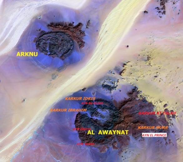 Figure 1: Landsat image of Jabal Al-Awaynat and Arknu, separated by, extensive longitudinal sand dunes. This area on Libya’s eastern borders of Egypt and Sudan became an important route between southern Libya and northern Sudan due to presence of water source. Various wadis and small but precious water springs are indicated. Karkur Idris and Karkur Ibrahim are within the Libyan Territory; while Karkur At Talah is in Egypt.
