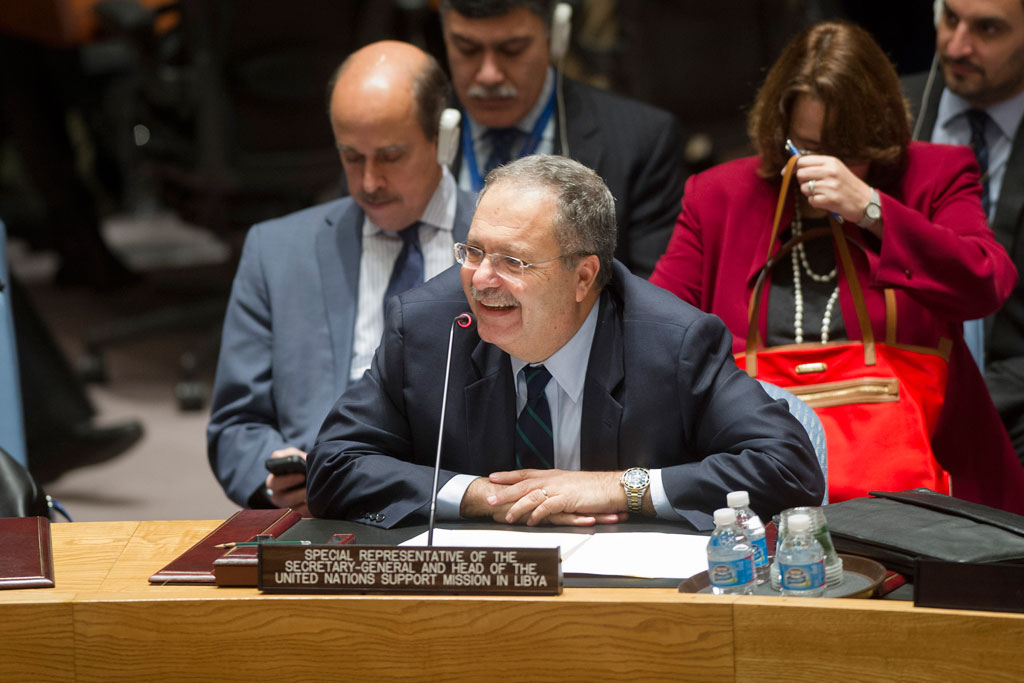 UNSMIL head Tarek Mitri at the UN Security . . .[restrict]Council yesterday (Photo: UN News Service)