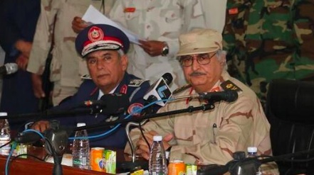 Brigadier-General Ahmed Habib Al-Mismari with General Khalifa Hafter at Benina Aibase earlier this year (Photo: Social Media)