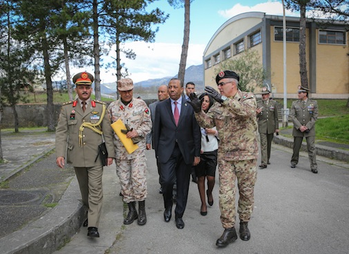 of Libyan Minister of Defence  Prime Minister Abdullah Al-Thinni during a visit last month to assess members of the Libyan National Army undergoing training at the Italian military at Cassino. (Photo: Stuart Price)