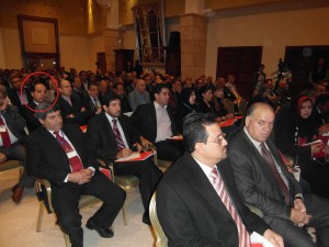 Newly elected Ahmed Maetig sitting among the crowd at last years' Misrata Business Council conference in Tripoli . Will he be able to select a government acceptable to Congress and can he handle power in the face of much coercion? (Photo: Sami Zaptia).