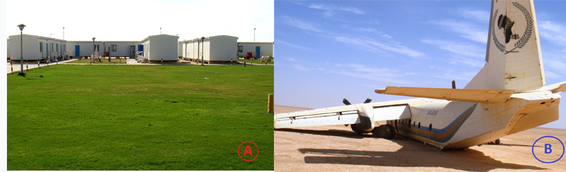 Figure 3:For so many years Haruj was a very remote, undisturbed area until the oil industry moved in bringing civilisation and impacts associated with it. A. Luxurious oil camp (An-Naqah Oil Field), with green fields and sidewalks in the middle of the desert in east Haruj. B. Crash-landed plane on a rough strip near the oil field several years ago. Fortunately there were no casualties among the passengers, which included some VIPs.