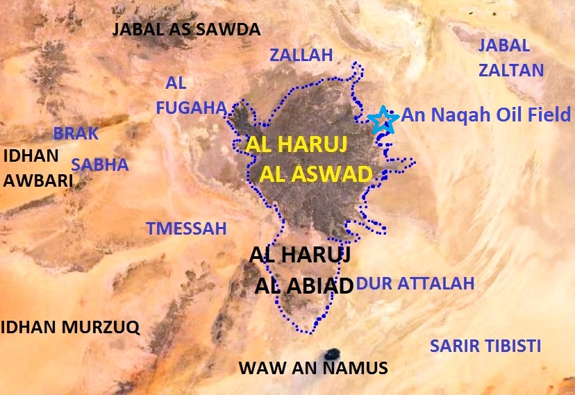 Figure 2 : Generalised satellite map of the Al-Haruj and Jabal As-Sawda, with sedimentary deposits of various ages surrounding the volcanic field from all directions.