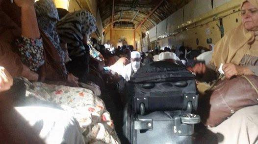 Pilgrims heading to Mecca to perform Haj fly on a military transport from Tamenhint airbase near Sebha to Mitiga for the first leg of their journey (Photo: Social media)