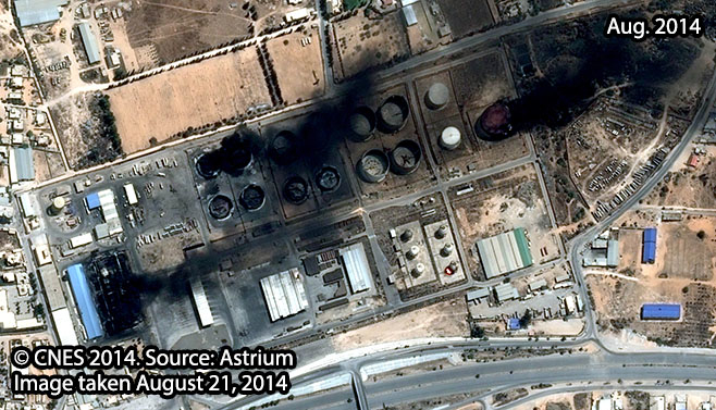 Damage to Tripoli's Airport Road fuel depot  during nearby clashes (Photo: Human Right's Watch)