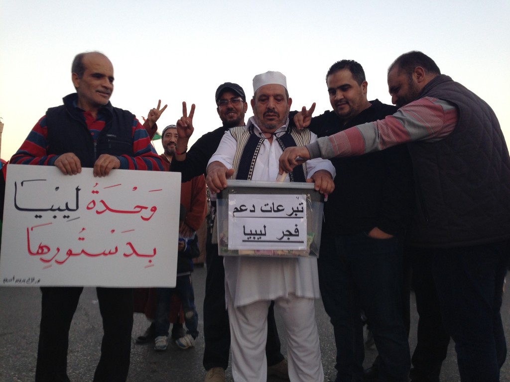 Protesters with a Libya Dawn collection box (Photo: Tome Westcott)