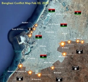 The Benghazi front lines between the Libyan National Army and the Islamist coalition of the Benghazi Shura Council (Graphic: Mutaz Gedalla)