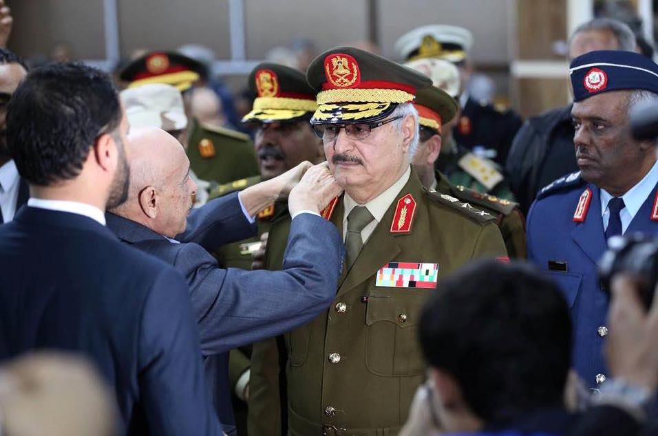 HoR President Agela Salah Gwaider promotes Khalifa Hafter to Lieutenant General and Commander General of the Armed Forces (Photo: Social media)
