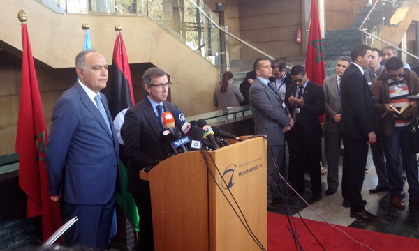 UN Envoy Bernardino Leon and Moroccan Foreign Minister at the . . .[restrict]talks in Sk