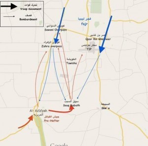 A pro GNC-Libya Dawn map showing its version of the Azizia battle lnes . . .[restrict](Source: Libya Shield)