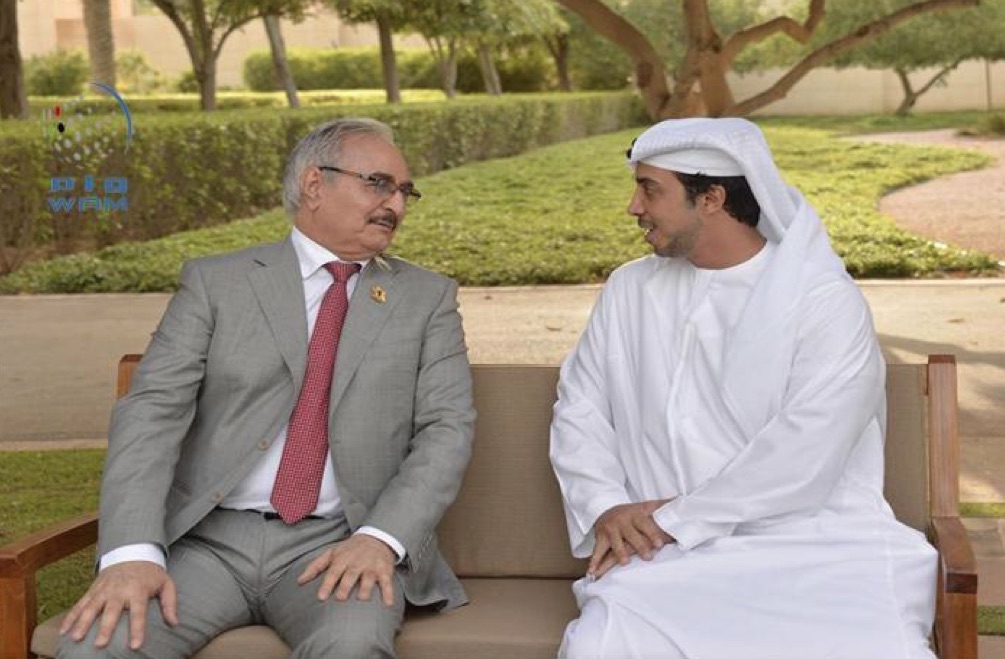 General Khalifa Hafter with UAE Deputy Premier Mansour bin Zayed Al-Nahyan (Photo: WAM)