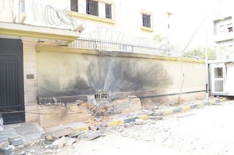 Superficial damage to Spanish embassy (Photo: Social media)