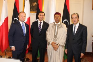 (L-R) Maltese Prime Minister Joseph Muscat, LIA Chairman Hassan Bouhadi, Libyan Prime Minister Abdullah . . .[restrict]Thinni and Libyan ambassador to Malta Habib Lameen at an official meeting in Malta Wednesday (Photo: Libyan Government).