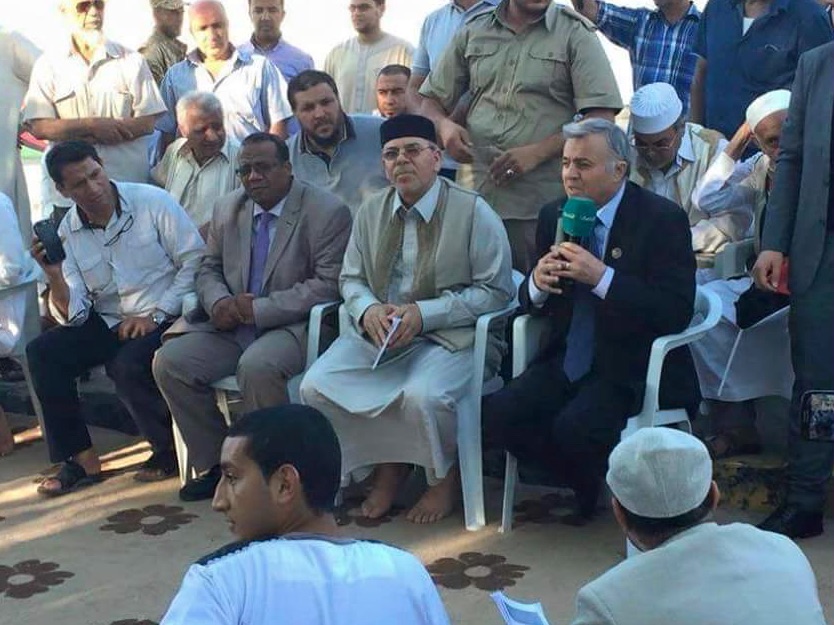 GNC president Nuri Abu Sahmain addresses protestors demonstrating outside the GNC building against the UN Dialogue