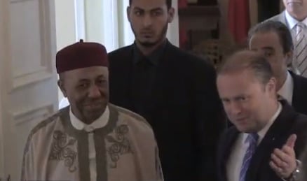 Prime Minister Abdullah Al-Thinni in Malta being welcomed by Maltese Premier Joseph Muscat (Video grab courtesy of the Times of Malta)