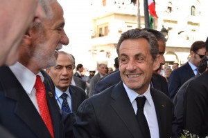 Former French President Nicolas Sarkozy with Tripoli Local Council Leader Sadat Elbadri (left)