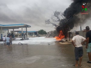 A burning pool of petrol during the Zuwara forecourt fire (Photo: Zuwara Media Office)