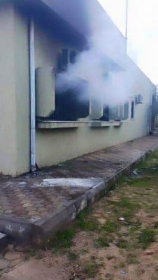 Smoke drifts from the wrecked Zawia uni admin block (Photo: social media)