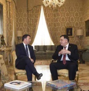 GNA Prime Minister-designate Faiez Serraj received the support of Italian PM Mateo Renzi in Rome yesterday (Photo: Social media).