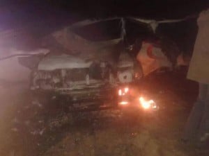 The mangled wrecked of the destroyed ambulance in Misrata  (Photo : social media ). 