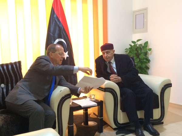 UN Special Envoy MArtin Kobler in Shihat with HoR President Ageel Salah (Photo: UNSMIL)