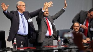 Salah Makhzoum and HoR deputy president Emhemed Shouaib at the signing of the Libya Peace Agreement in Skhirat in December (Photo: UNSMIL)