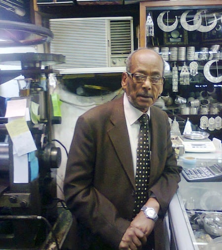 (Figure 4) Abdelghanei Shakshouki, a second-generation master smith and one of few craftsmen still in the business of making and selling traditional jewellery in Tripoli. He and his brothers were trained by their late father who was one of the master smiths in Tripoli and was the Amin of the jewellery market in Tripoli during the 1950s and 1960s (Photo: M. J. Salem). 