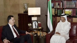 Serraj with UAE deputy PM  Sheikh Mansour bin Zayed Al Nahyan today (Photo: WAM)