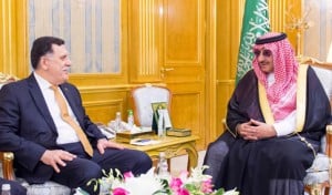 Faiez Serraj in Jeddah today with Saudi crown prince (Photo: SPA)
