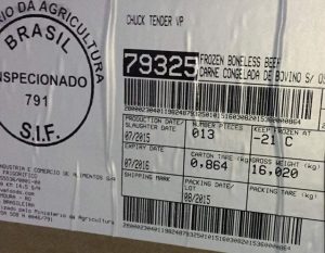 The markings on the box indicate it contains beef from Brazil expiring in July 2016 (Photo: Khoms Police).