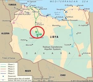 Power cuts affecting the south and the Hasawna MMR water wells north of Sebha have led to water shortages in Tripoli (Map: Encyclopaedia Britannica ).