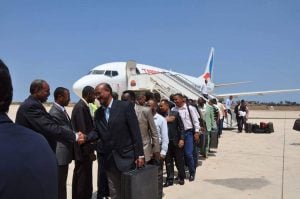 The Sudanese medical team being welcomed on arrival at Misrata airport. 