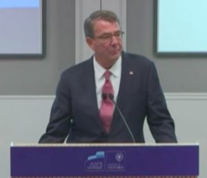 Ash Carter speaking today in Oxford (Screen grab from DoD video)